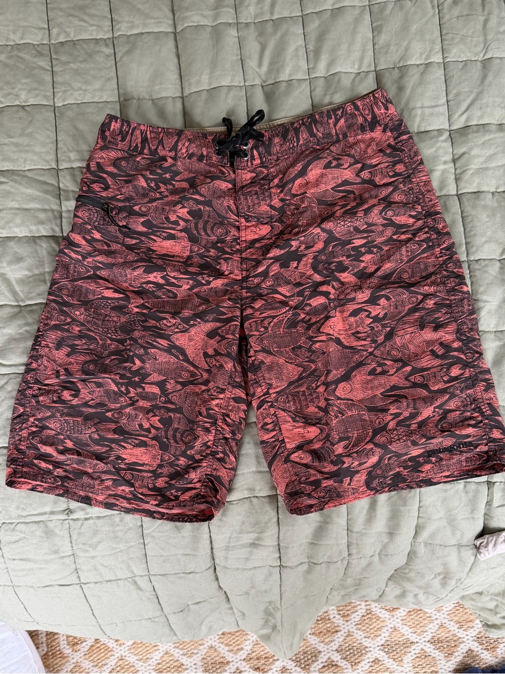 Patagonia Red & Black Fish-Print Swim Board Shorts